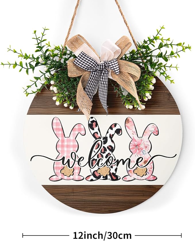 Harooni 12x12 Inch Easter Welcome Hanging Sign for Outdoor, Indoor, Wall, Door, Porch Decor - Wooden Wreath Sign with Rabbit, Buffalo Plaid Bow, 'Welcome' Text