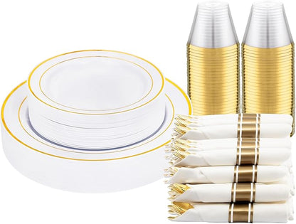 DaYammi 210PCS Gold Plastic Dinnerware Set Christmas Plates Disposable Disposable Plates for Party, Include: 30 Dinner Plates, 30 Dessert Plates, 30 Pre Rolled Napkins with Gold Silverware, 30 Cups