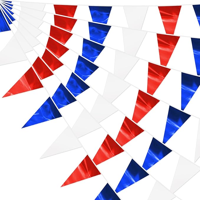 32.8FT White Blue Red Glitter Triangle Pennant Banner Flag Metallic Bunting Fabric Garland for Christmas Graduation, Independence Day, 4th of july, Patriotic Themed Party Decoration