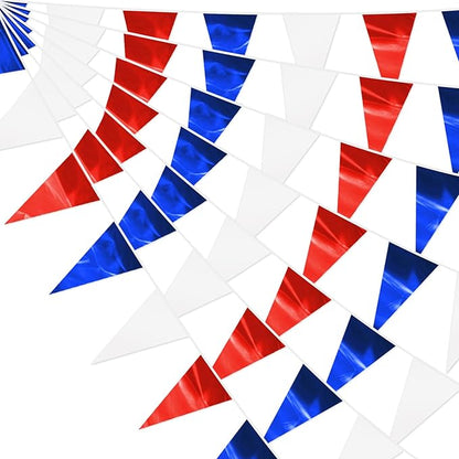 65FT White Blue Red Glitter Triangle Pennant Banner Flag Metallic Bunting Fabric Garland for Christmas Graduation, Independence Day, 4th of july, Patriotic Themed Party Decoration
