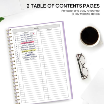 Taja Meeting Notebook for Work Organization - Work Planner Notebook with Action Items, Agenda Planner for Note Taking, 160 Pages (6.9" X 9.9") Project Organizer for Men & Women - Lavender