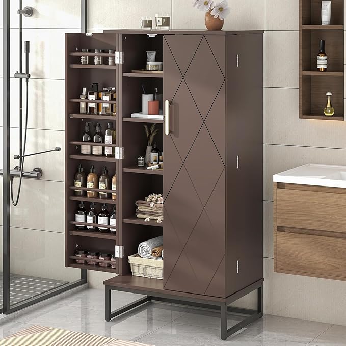 51” Kitchen Pantry Storage Cabinet, White Freestanding Pantry Cabinets with Doors and Adjustable Shelves, Buffet Cupboards Storage Cabinet for Home Office Use, Dinning Room(Brown)