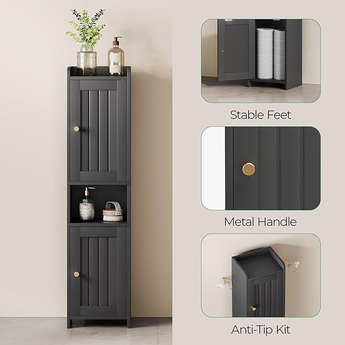Bathroom Cabinet with 2 Doors, 7.3 x 9.8 x 40.4 Inches, Small Freestanding Storage Cabinet with Adjustable Shelf, Floor Cabinet for Small Spaces, Bathroom, Entrances, Kitchen, Black