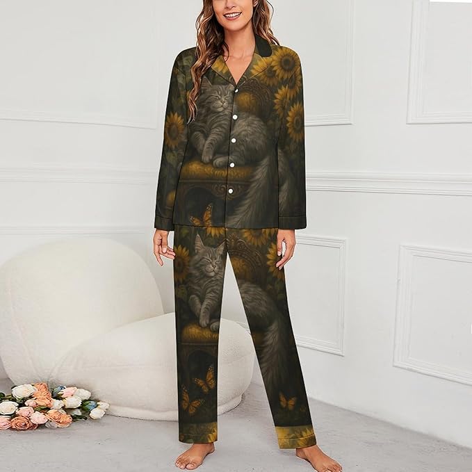 Lemons Leaves Ceramic Style Womens Pajama Set Long Sleeve Pajamas Top And Pants Soft Loungewear Pjs Sets