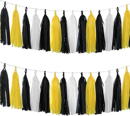 We Moment Black Yellow and White Tissue Paper Tassels Party Tassel Garland Banner for Party Decorations, DIY Kits,15PCS
