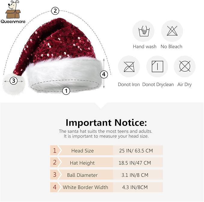 Queenmore Adult's Christmas Santa Claus Hat, Plush Santa Cap, Velvet Headwear, Lined and Fabric-Shedding Resistant
