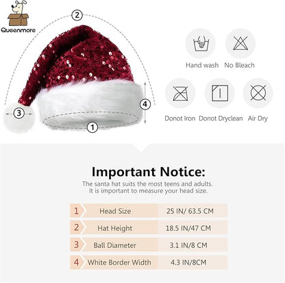 Queenmore Adult's Christmas Santa Claus Hat, Plush Santa Cap, Velvet Headwear, Lined and Fabric-Shedding Resistant