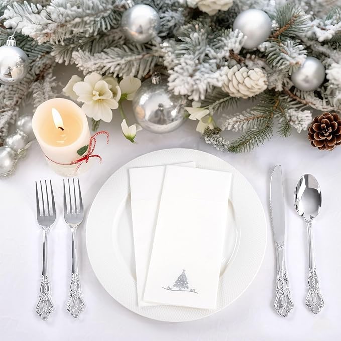 100PCS Christmas Paper Napkins - Silver Christmas Tree Napkin with Built-in Flatware Pocket Prefolded Cloth-Like - Heavy-duty Linen-Feel Dinner Napkins Disposable for Xmas Tableware Decor