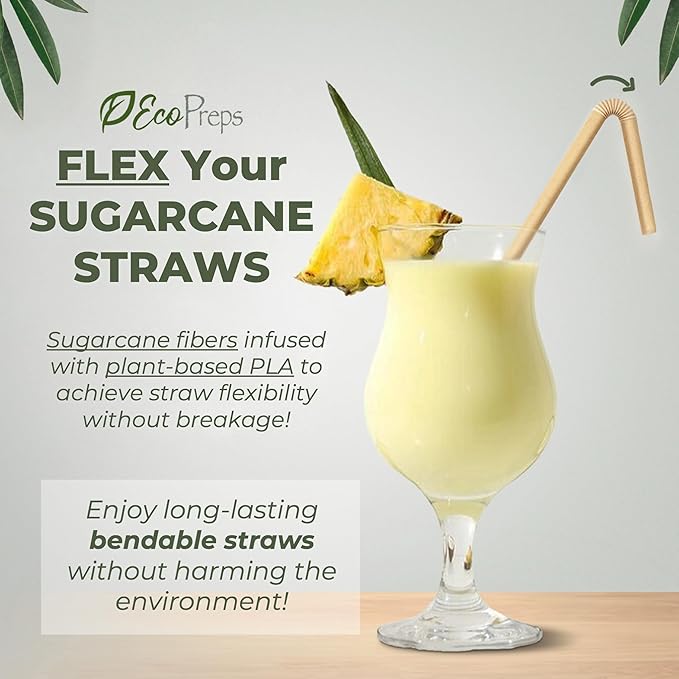 Flexible Biodegradable Sugarcane Straws, 300 Count | 100% Compostable, Plastic-Free, Eco-Friendly Drinking Straws for Cold Drinks | 7.8'' Bendable, Disposable Sugarcane Fiber Straw (300 PCS)