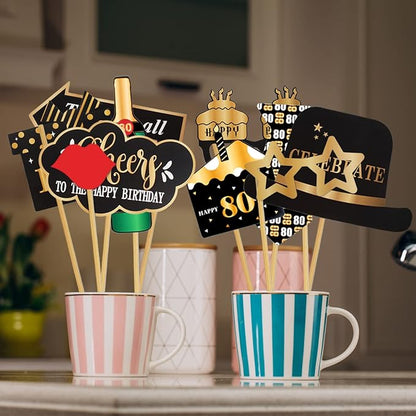 LINGTEER Happy 80th Birthday Party Photo Booth Props,Cheers to 80th Birthday Eighty Years Old Bday Party Centerpieces Props Decorations Sign.