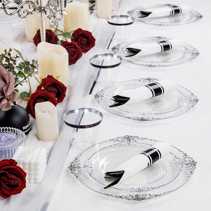 Hioasis 350pcs Clear Black Plastic Plates - Elegant Disposable Dinnerware Set Suitable for 50 Guests Include 10.25" Dinner & 7.5" Dessert Plates, Pre Rolled Silverware Set, Cups for Party & Wedding