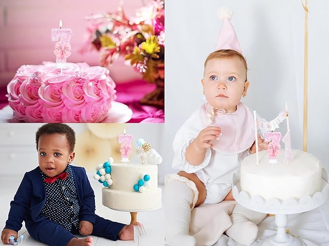 Number 7 Birthday Candle with Pink Sequins and Bowtie, Pink 7 Cake Topper Decoration for Girls Pastel Sweet Theme Birthday Party or Adults Milestone Age 7