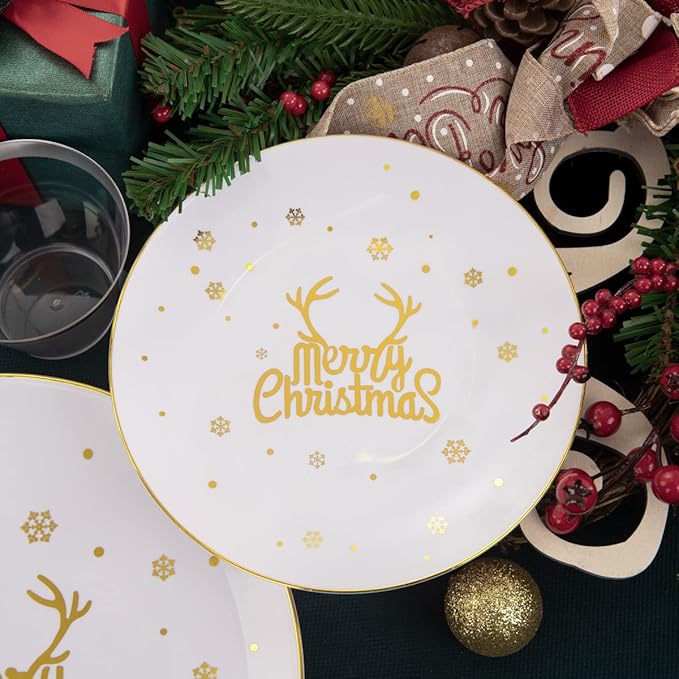 Nervure 175PCS Christmas Plastic Plates - White and Gold Disposable Plates & Gold Plastic Silverware with White Handle include 50 Plates 25Knives 25Forks 25Spoons 25Napkins for Christmas Party
