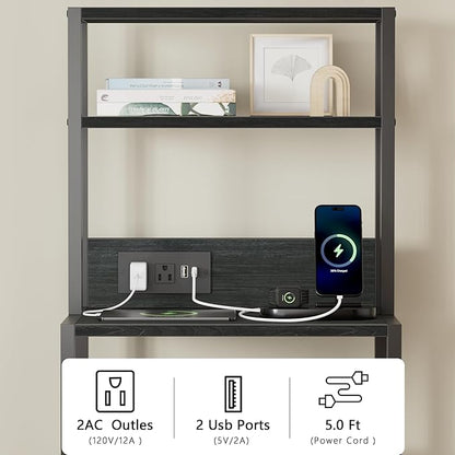 Furnulem Night Stand, Tall Nightstand with 4-Tier Shelves, 2 Fabric Drawers and Light Tube, Bed Side Tables with Charging Station, Bedside Table for Bedroom, Office, Black Oak | 4-Tier Shelves, 2 Fabric Drawers, Light Tube, Bed Side Tables, Charging St...