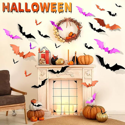 FANDAMEI 140PCS Halloween Bats Wall Decor, Bats Decoration, 5 Sizes 3 Colors Bat Decor Party, 3D Bat Wall Decor for Halloween Indoor Outdoor. Sticky Bats Home, Bat Stickers for Window(140PCS)