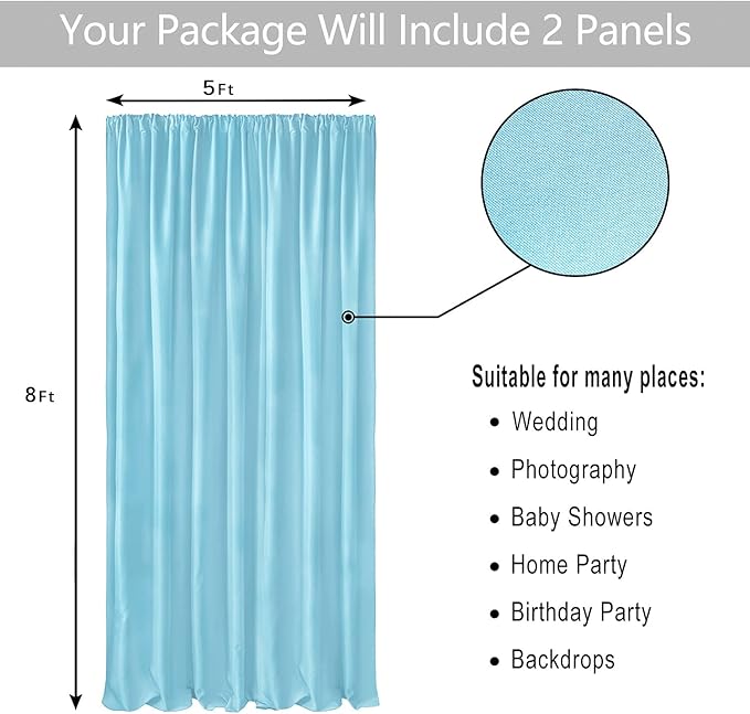 Hiasan Baby Blue Backdrop Curtains for Parties, Polyester Photography Backdrop Drapes for Family Gatherings, Wedding Decorations, 5ftx8ft, Set of 2 Panels