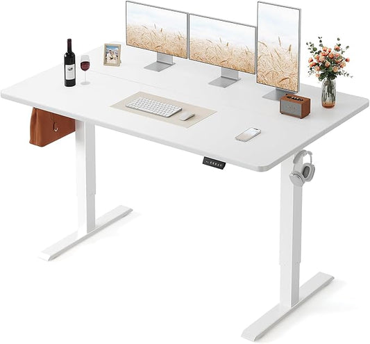 FEZIBO Standing Desk, 63×28 Inches Electric Height Adjustable, Sit Stand Up, Computer Office Desk with Splice Board, While Frame/While TOP