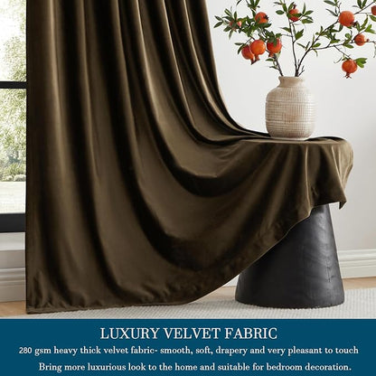 PRIMROSE Brown Velvet Curtains 63 inch Long for Living Room,Set of 2 Panels Blackout Rod Pocket Back Tab Window Treatment Room Darkening Heavy Decorative Curtains Drapes for Bedroom