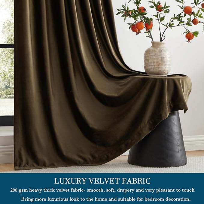 PRIMROSE Brown Velvet Curtains 72 inch Long for Living Room,Set of 2 Panels Blackout Rod Pocket Back Tab Window Treatment Room Darkening Heavy Decorative Curtains Drapes for Bedroom