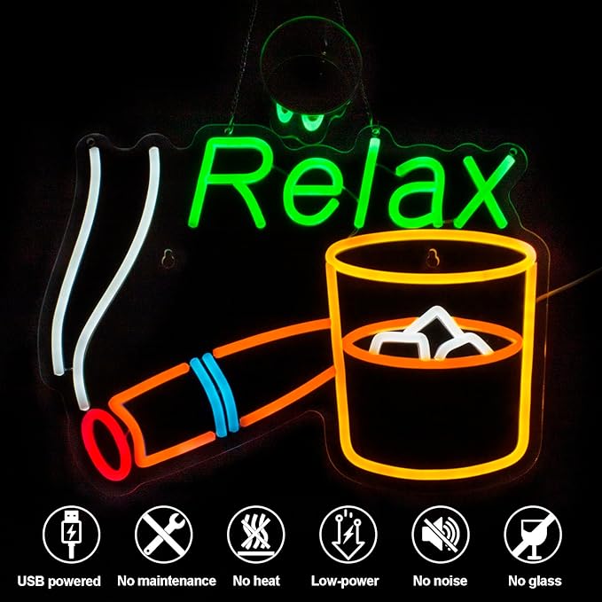 Relax Neon Sign, LED Neon light, Dimmable USB Powered, for Home Bar Patio Lounge Man Cave Pub Recreation Room Garage Wall Decor,Light Up Sign for Bourbon Bar Decor