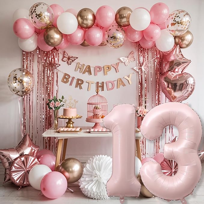 Pastel Pink 13 Balloons Numbers for Girls, 40'' Self Inflating Number 13 Balloon, Big Light Blush Pink Foil 1 & 3 Helium Balloon for Women Coquette 13th Birthday Party Anniversary Decoration Supplies
