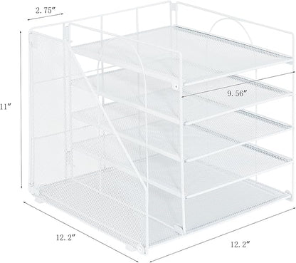 Desk Organizers and Accessories, 5-Tier Paper Letter Tray Organizer with File Holder, Desktop Organizer for Office Supplies (White)