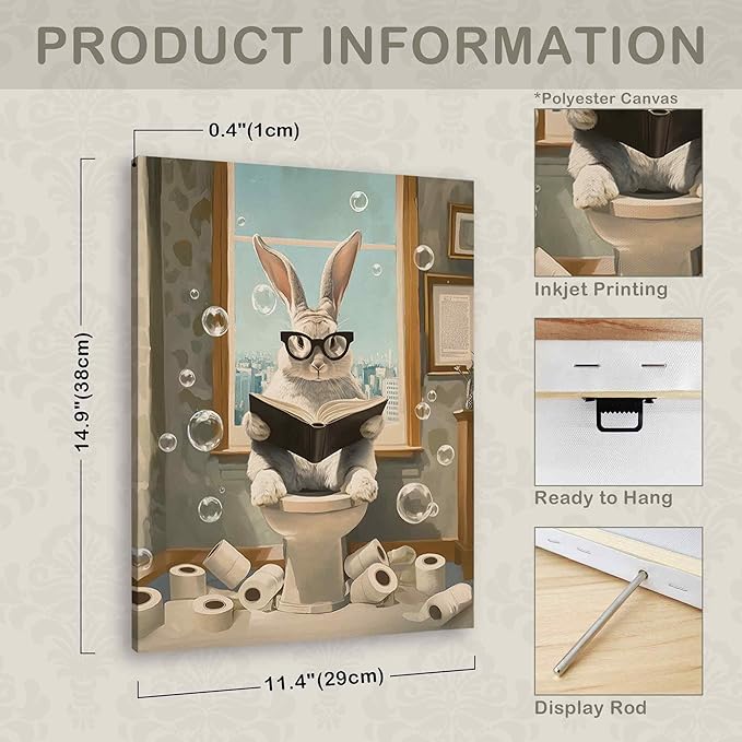 TLESKE Funny Bathroom Bunny Rabbit Wall Art Decor 11x14, Bunny Rabbit Sitting on Toilet Canvas Wall Art Print for Bathroom, Easter Bunny Wall Artwork Picture