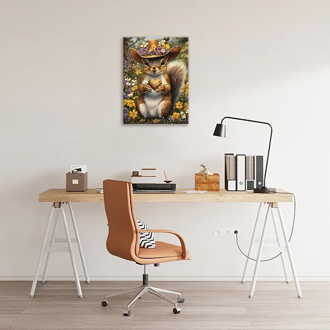 Western Squirrel Wall Art, Squirrel Peanut Pictures Wall Decor, Country Rustic Animal Canvas Prints, Forest Flower Painting, Framed Artwork for Bathroom Living Room Bedroom Dining Room 20"X16"