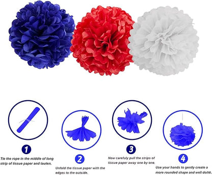 We Moment Red, Blue and White Paper Pom Poms Decorations for 4th Fourth of July，Independence Day Patriotic Decorations, Red Blue and White Ceiling Wall Hanging Tissue Flowers Decorations 12pcs