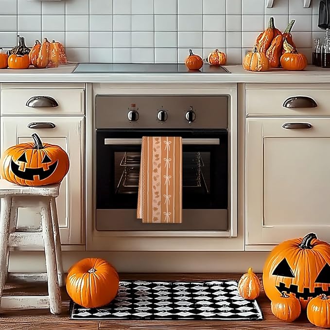 Orange Beige Fall Kitchen Towels, Coquette Bow Autumn Pumpkin Dish Tea Towels for Kitchen Decor, Farmhouse Fall Thanksgiving Decorative Hand Towel for Bathroom, 16x24 Inches