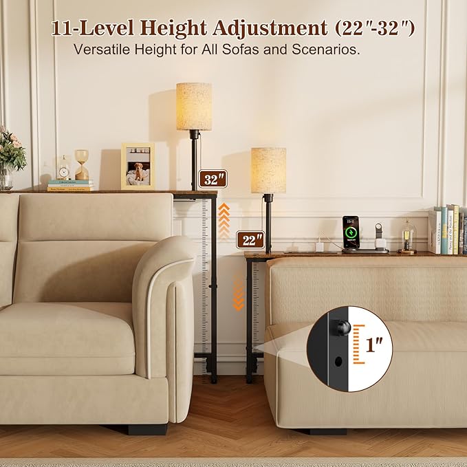 keomaisyto 78.8" Long Sofa Table with Lights & Charging Station - 4 AC outlets, 22"-32" Height Adjustable Behind Couch Console Table, Narrow Console Table, Slim Design for Living Room, Rustic Brown
