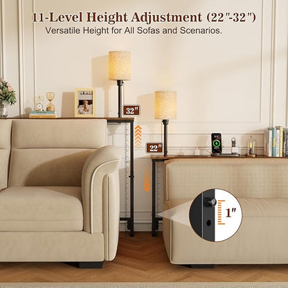 keomaisyto 78.8" Long Sofa Table with Lights & Charging Station - 4 AC outlets, 22"-32" Height Adjustable Behind Couch Console Table, Narrow Console Table, Slim Design for Living Room, Rustic Brown