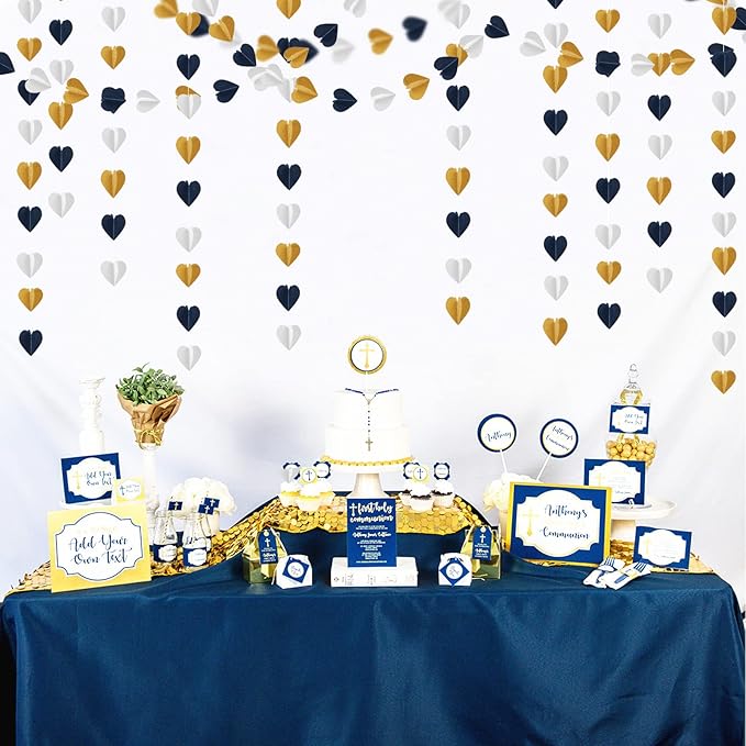 Navy-Blue White Gold 3D-Heart Garland - 39Ft Graduation Hanging Decoration Streamers Banner,Bridal Birthday Engagement Bachelorette Baby Shower Christmas Baby Shower Valentines Party Decor Ouruola