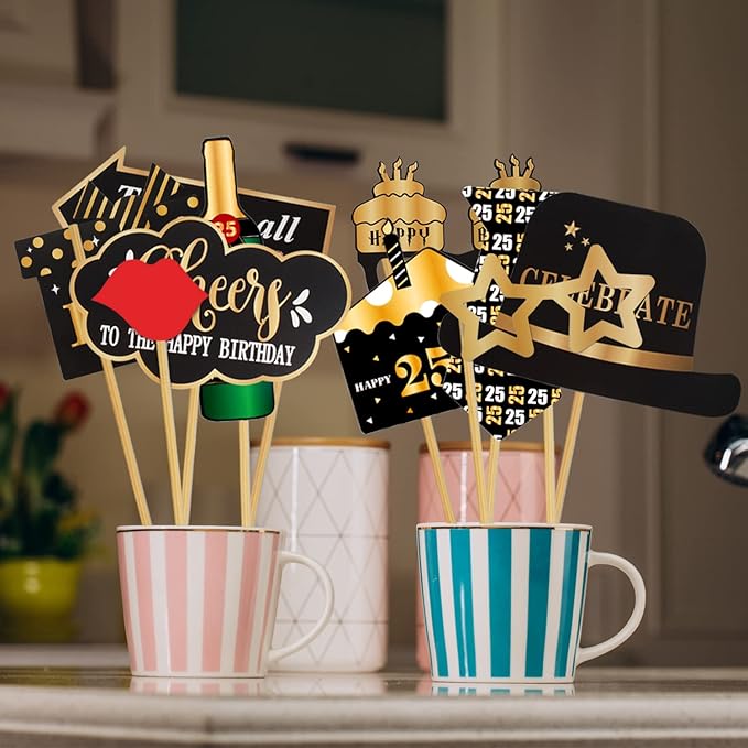 LINGTEER Happy 25th Birthday Party Photo Booth Props,Cheers to 25th Birthday 25th Years Old Bday Party Centerpieces Props Decorations Sign.