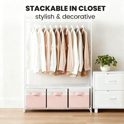 Large Closet Organizer Bins with Lids 4 Pack - 23 QT Collapsible Decorative Storage Boxes with Lids - Clothes Storage Bins with Handles - Fabric Containers for Living Room, Dorm, Nursery - Pink