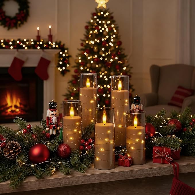 Raycare Flameless Candle with Remote Timer – 9 Flickering Acrylic Battery Operated LED Pillar Candles with Embedded Star String for Christmas, Home Decor, and as a Gift(Grey)