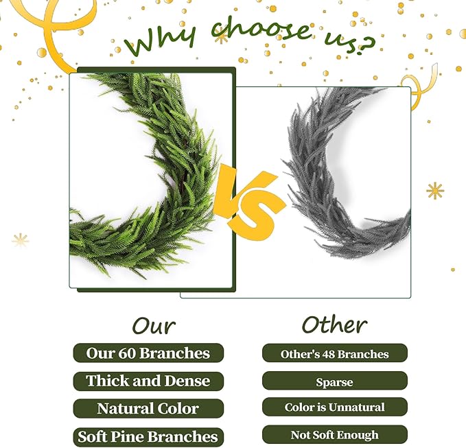6ft 2Pcs Norfolk Pine Garland - Realistic Christmas Greenery Garland with Real Touch PE Leaves for Mantle, Table, Fireplace, Indoor, Outdoor Christmas Decorations