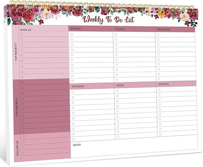 Taja Weekly To Do List Notepad with 52 Undated Sheets（8.5"×11"）- Weekly Desk Planner for Women & Man, Work and Home - 1 Pack Crimson Garden