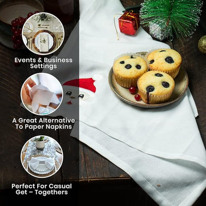 Christmas Cloth Napkins Dining Table Dinner Napkins|Washable Cotton Napkins Easter Basket Decor|Happy Santa Face Embroidered 18x18 in White Pk of 6 Cocktail Party Napkins
