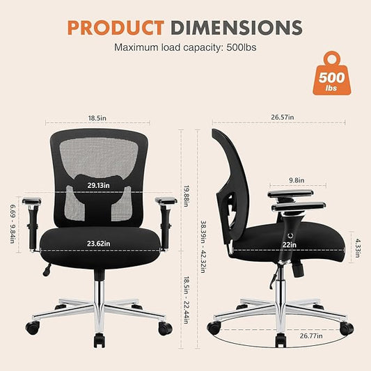 Sweetcrispy Big and Tall Office Desk Chair with Lumbar Support, 500lbs Heavy Duty Mesh Ergonomic Computer Chair with 4D Armrest and Wide Comfy Seat, Wheels for Adult, Black