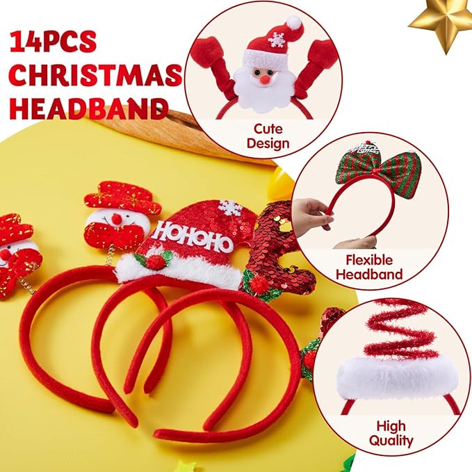 JOYIN 14 PCS Christmas Headbands with Different Designs Party Holiday Headbands for Kids Women Men Christmas Holiday Parties Favors (ONE Size FIT ALL)