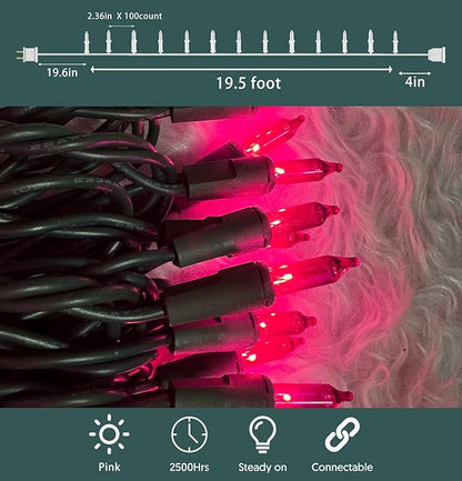 HISHINY Christmas Lights 100 Count Pink Christmas Tree String Lights with Green Wire for Outdoor Indoor Christmas Decorations Wedding Decorations Valentines Day Decor,UL Certified (21feet)