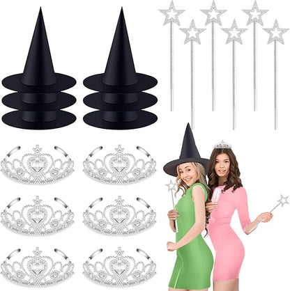 18 Pcs Halloween Witch Hats Glitter Star Wands Princess Crowns Set Black Wizard Hats Sparkling Princess Accessories for Adults Witch Halloween Cosplay Party Supplies Pink Green Party Decor Photo Props