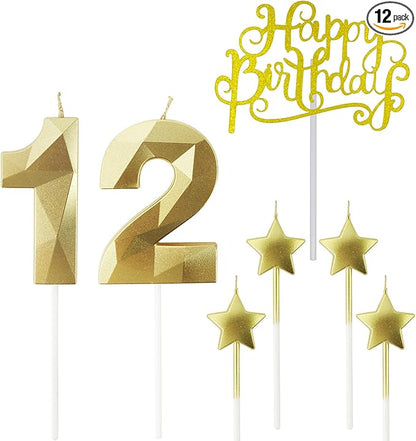 Golden Number 12 Birthday Candles and Star Birthday Candles 2.76 inch Birthday Cake Candles 3D Diamond Shaped Candles are Suitable for Birthday Parties and Anniversary Cake Decorations Candles