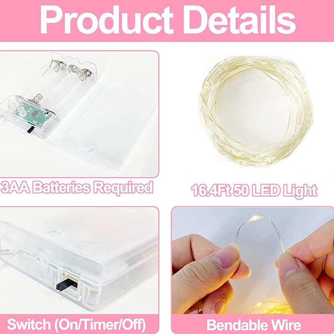 TURNMEON 3 Pack Three Color - Pink & Red & White Valentines Fairy Lights, Battery Operated String Lights for Indoor Decor, Each 50LED 16.7Ft