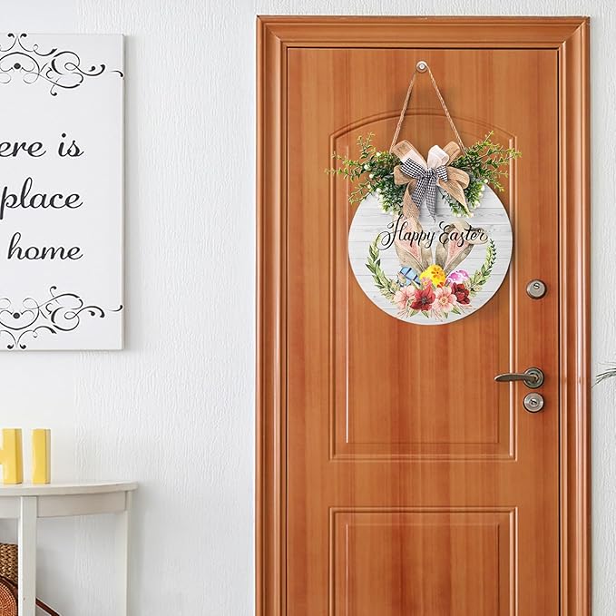Harooni Easter Sign 12x12 Inch Wooden Hanging Sign Cute Easter Bunny Welcome Wreaths for Front Door Indoor Outdoor