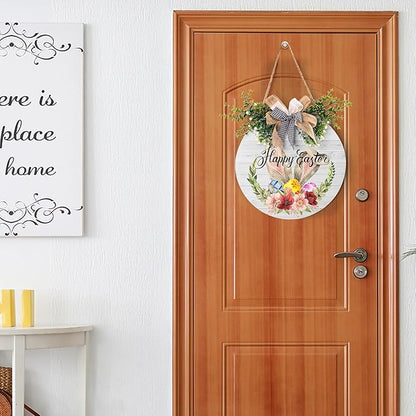 Harooni Easter Sign 12x12 Inch Wooden Hanging Sign Cute Easter Bunny Welcome Wreaths for Front Door Indoor Outdoor
