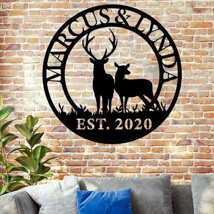 Personalized Deer Couple Metal Sign,Custom Deer Hunting Metal Wall Plaque, Rustic Hunting Lodge Wall Art, Custom Wildlife Gift for Men, Gift for Couples Anniversary, Family, Hunters, Nature Lovers
