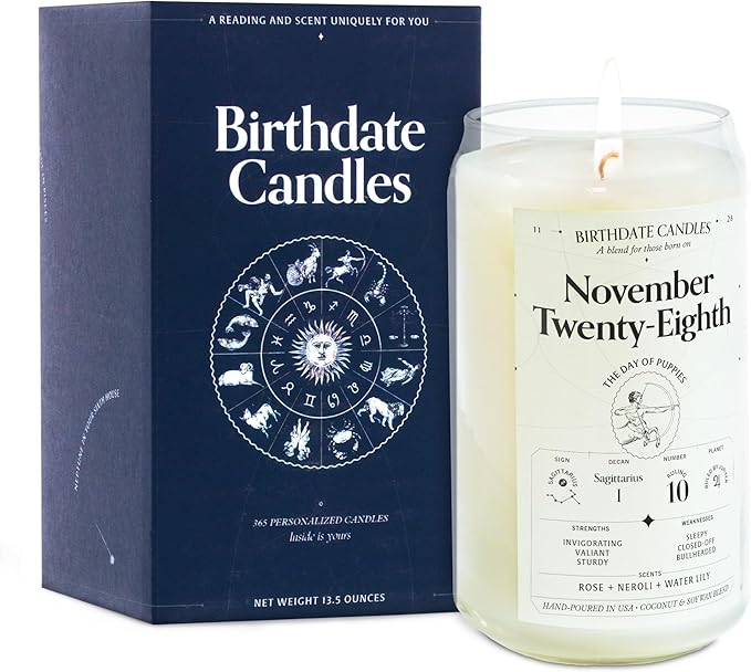 Birthdate Candles, November 28 - Sagittarius Zodiac Scented Candles Birthday Gift - Rose, Neroli & Water Lily Scent - All-Natural Soy & Coconut Wax, 60-80 Hour Burn Time - Made in USA
