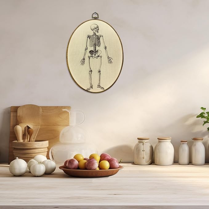 CUANFDDSF Vintage Gothic Skeleton Oval Wall Art Decor, Gothic Spooky Human Skeleton Wall Hanging Decor, Neutral Goth Skull Framed Canvas Prints for Home Bedroom Living Room Office, 8.6x11.4 Inch